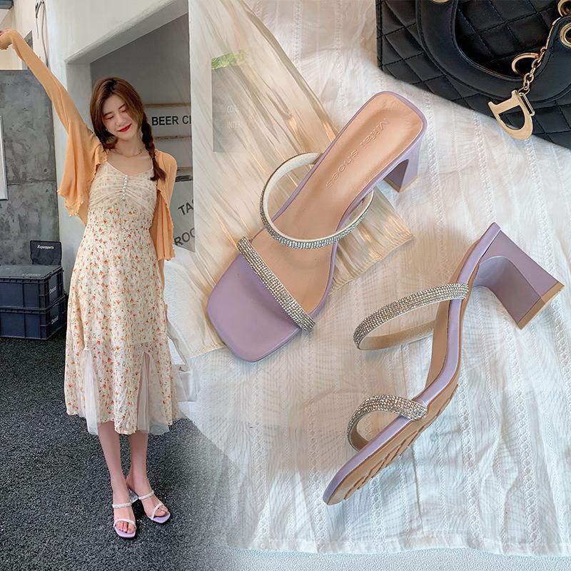 

Slippers 2021 Women High Heels Square Head Rhinestones Fashion Heel Sandals Casual Strappy Comfort Beach Sandal Femal Pumps, Beige