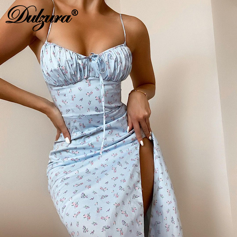 

2021 summer women flower print strap midi dress lace up slit bodycon elegant streetwear party club clothes y2khigh quality, Black;gray