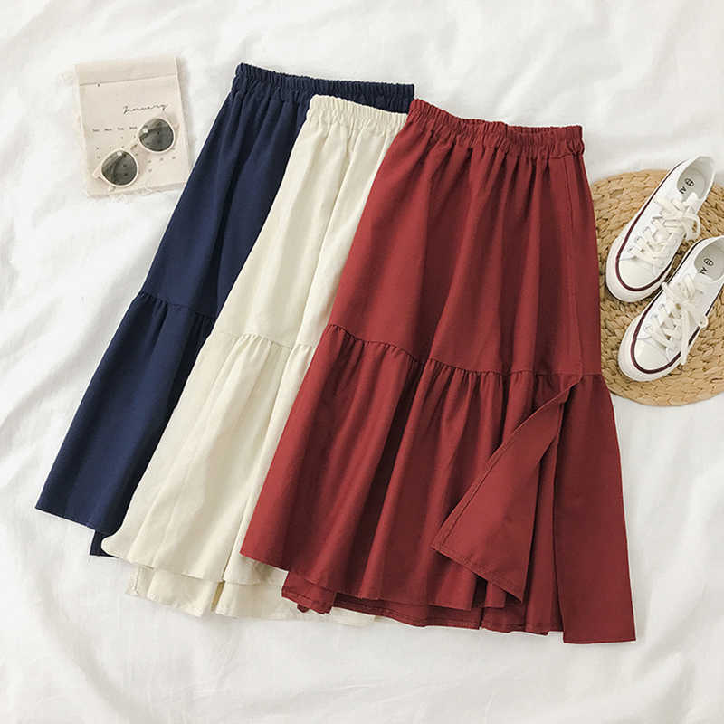 

LY VAREY LIN Spring Women Elastic Waist A-line Skirt Casual High s Female Long slit 210526, Red