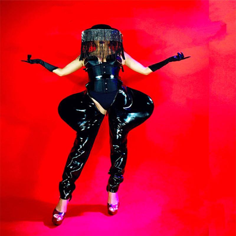 

Black Color Female Bodysuit Dj Stage Tassel Headdress Costumes Bar Sexy Dresses Outfit Diamonds Cloth Jumpsuit Bra Party Decoration