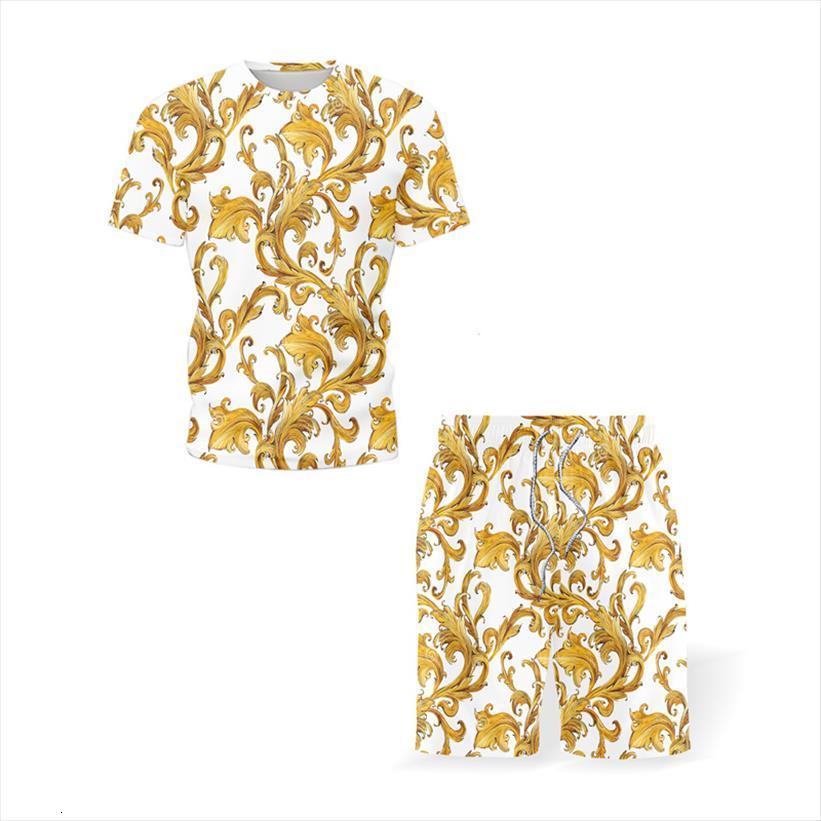 

summer fashion round neck men tracksuit short sleeve t shirt shorts oversized 2 piece set trendy 3d thread carved sports, Gray