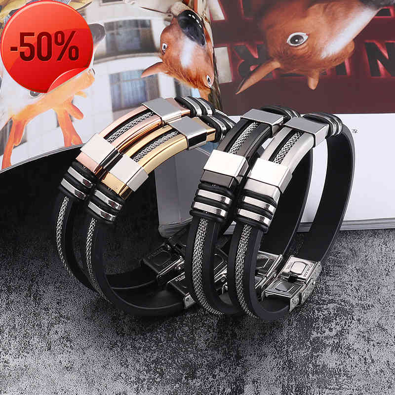 

Men's Stainless Steel Silicone Black Bracelet Simple Rubber New Design Punk charm WristBand Bangle For Mens Fashion Jewelry Gift