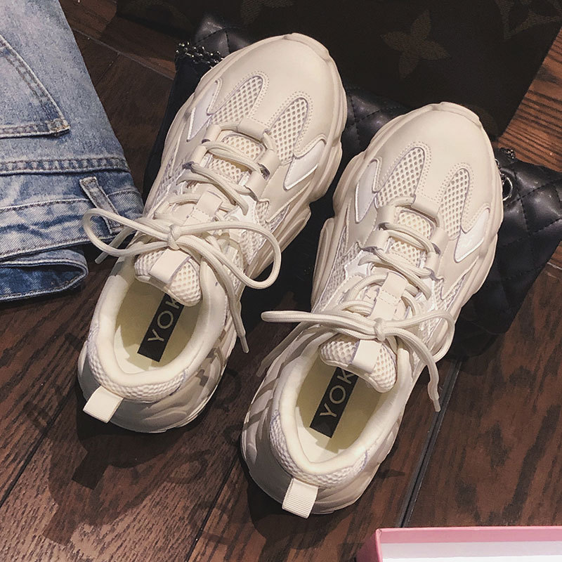 

Real soft leather old shoes 2021 summer new white shoes mesh thick bottom breathable casual sports womens shoes, Beige