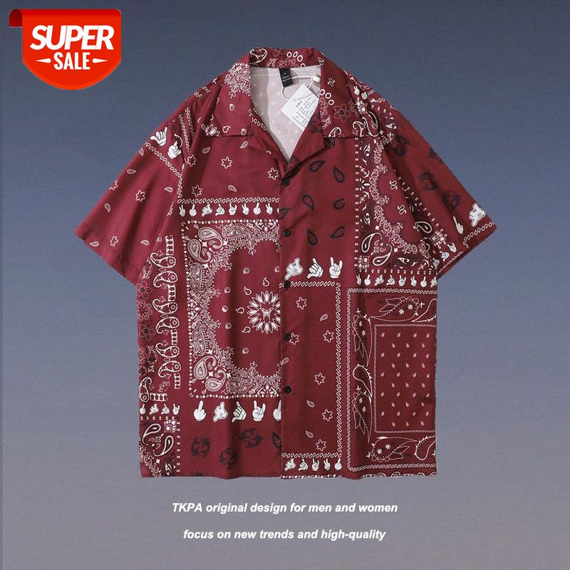 

TKPA retro West Coast cashew flower street short-sleeved shirt loose Wei Yi style for men and women #Fx79, White;black