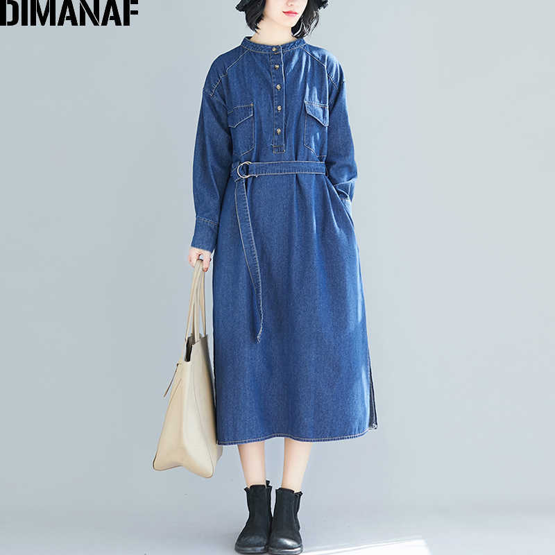 

Plus Size Women Dress Denim Blue Female Vestidos Fashion Lady Long Sleeve With Belt Button Loose Spring Clothing 210531, Bai266