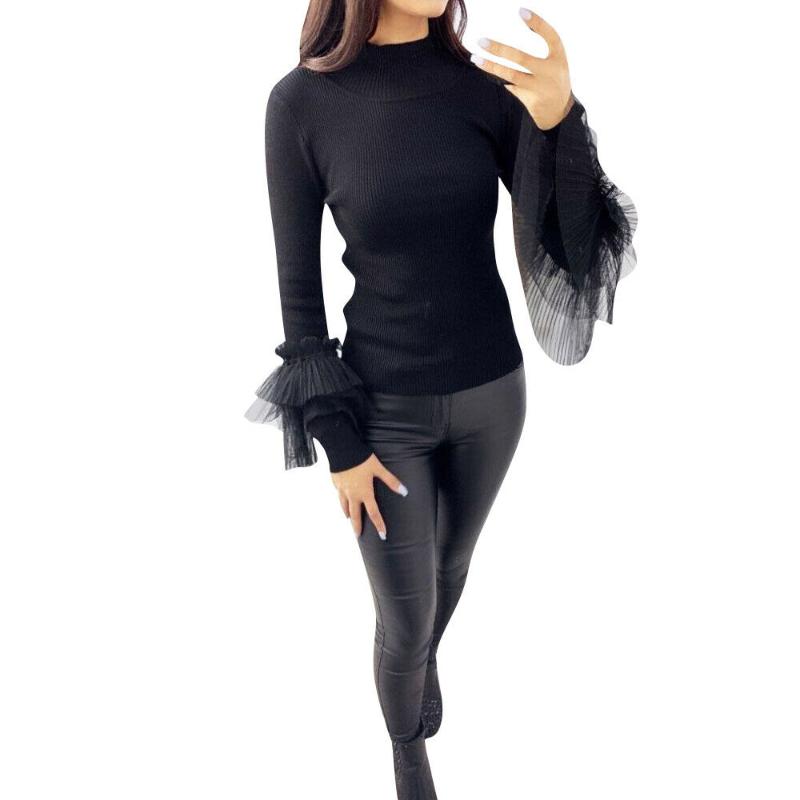 

Women' Sweaters Autumn Knitted Turtleneck Sweater For Women Winter OLong-sleeved Slim Black Pullovers Ruffles Sleeve Casual Top Plus Size