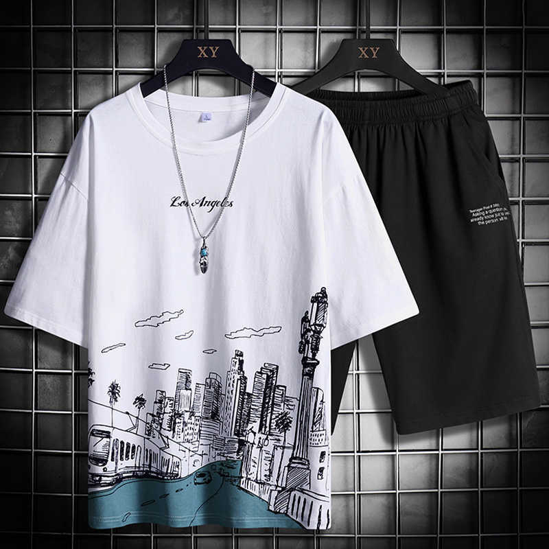 

Summer Men's Set Casual Tracksuit Men Harajuku Short Sleeve Print T-shirt+Shorts Fashion Hip Hop Jogger Male Sportwear 2Pcs Sets 210603, Tz0023074white