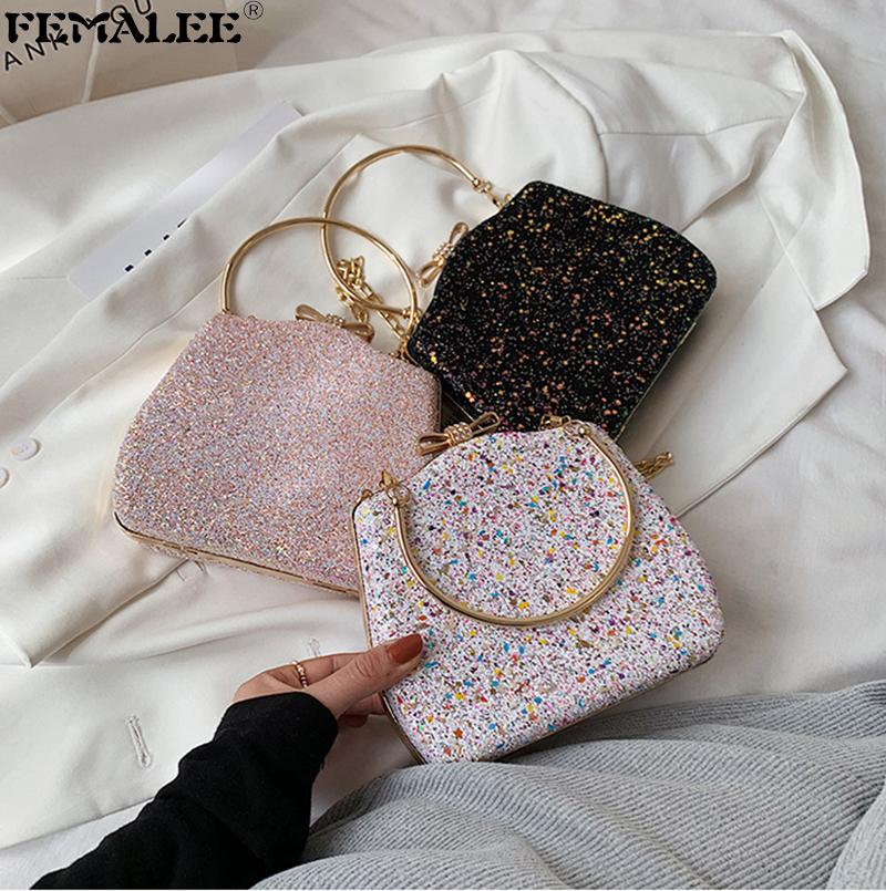 

Luxury Sequined Evening Party Hand Bags Women Shiny Metal Handle Clutch Crossbody Sac 2021 Fashion Chains Shoulder Armpit Purse, Black
