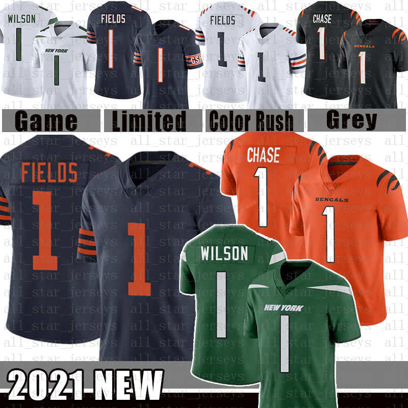 

New American football jersey York Jet 1 Zach Wilson Chicago Bear 1 Justin Fields Cincinnati Bengals 2021 1 Ja'Marr 17 J, Black;red