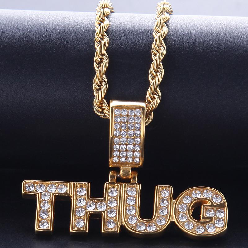 

Pendant Necklaces Hip Hop Bling Iced Out Rhinestones Gold Color Stainless Steel THUG Necklace For Men Rapper Jewelry Drop