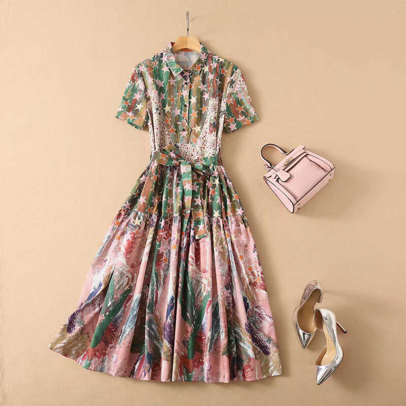 

High QUALITY est Runway Designer Dresses Women's Summer Fashion Shirt Collar Gradient Color Stunning Stars Printed Dress 210526, Mixed color