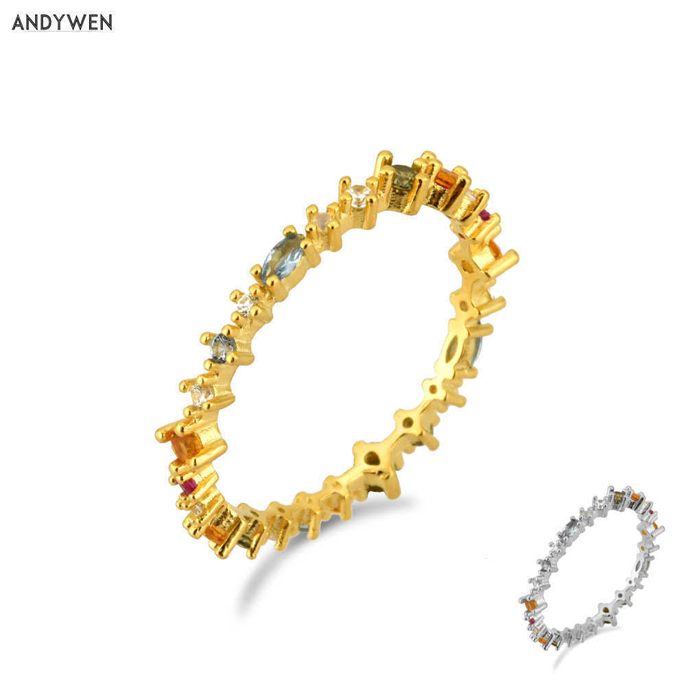 

ANDYWEN 925 Sterling Silver Rainbow Colorful Zircon Rings European Women Crystal CZ Fine Jewelry for Fashion Trends 210608