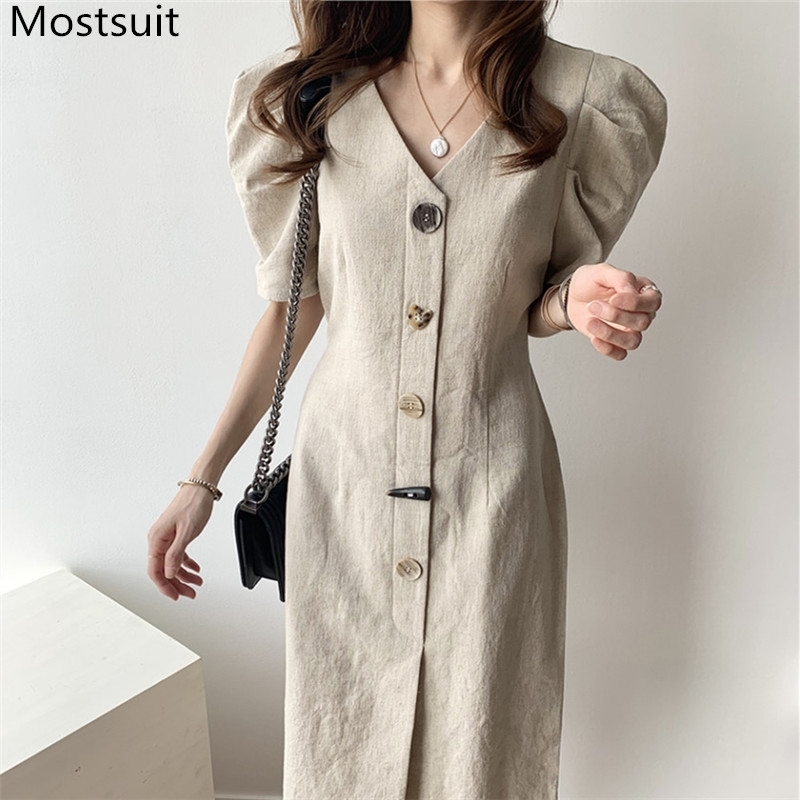 

Summer Korean Linen Single-breasted Dress Women Puff Sleeve V-neck Belted Vintage Elegant Dresses Fashion Ladies Vestidos 210518, Apricot