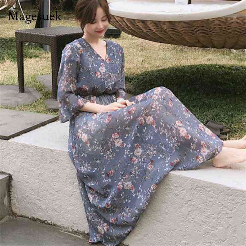 

Women Dress Summer Vintage Midi Long es Vestidos V-neck Flare Short Sleeve Print Sweet Casual Chiffon 10451 210518, Blue