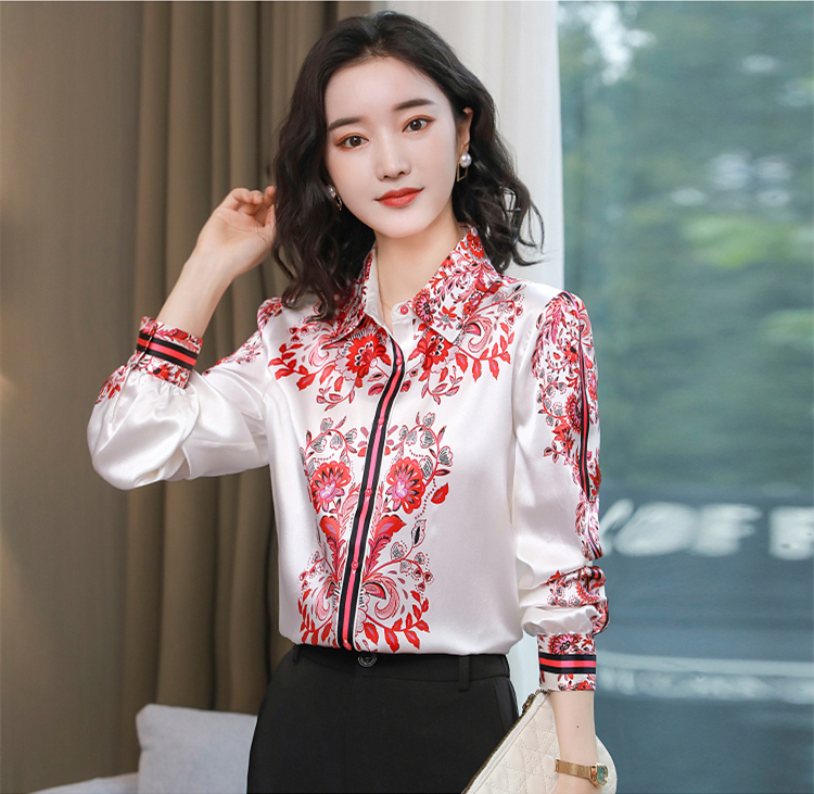 

2021 Runway Designer Floral Silk Shirts Women Fashion Long Sleeve Lapel Printed Blouses Elegant Office Ladies Button Shirt Slim Spring Summe, White