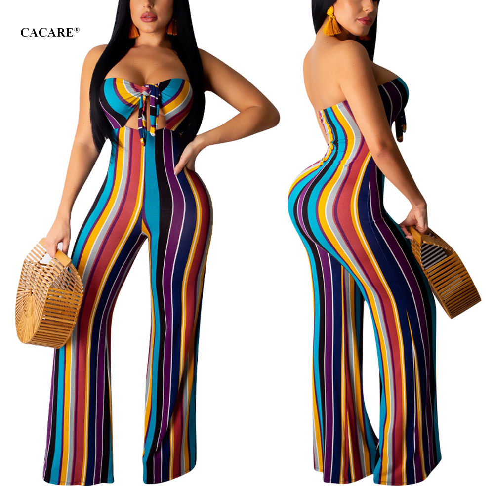 Sexy Jumpsuit Women 2021 Summer Jump Suit Body Femme Long Bodysuit Overalls F0603 Strip Print Off Shoulder CACARE-image-695914883