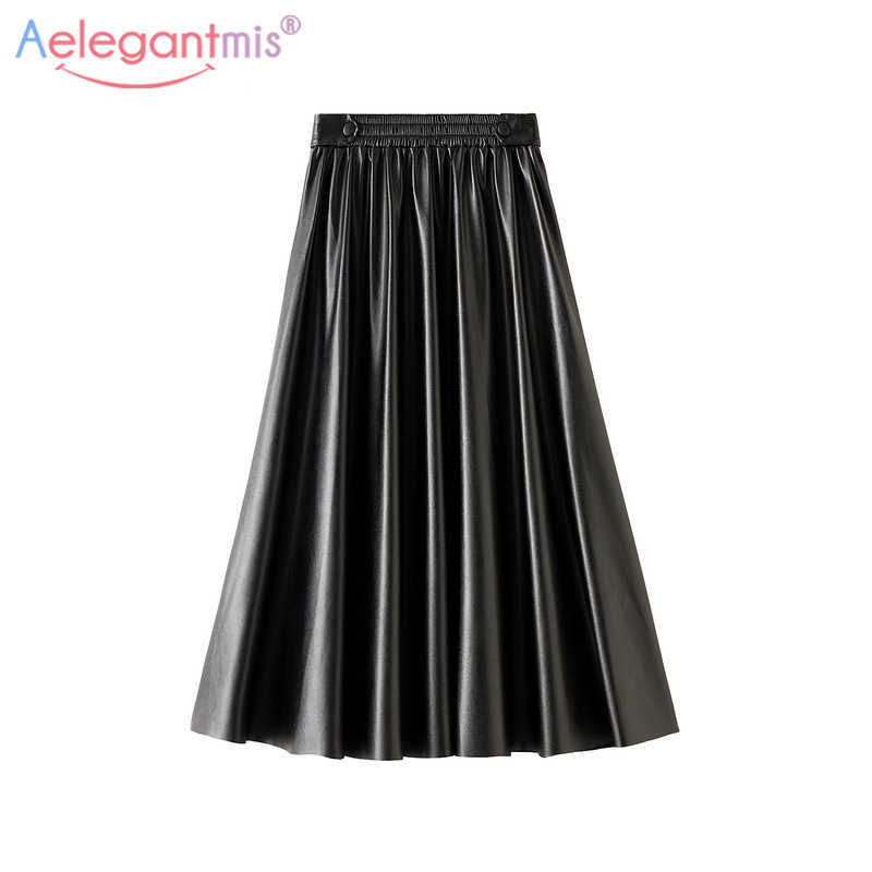 

Aelegantmis Vintage Long Faux Leather Skirt Women Korean PU A Line Female Loose High Waist Casual Elegant 6 Colors 210607, Coffee