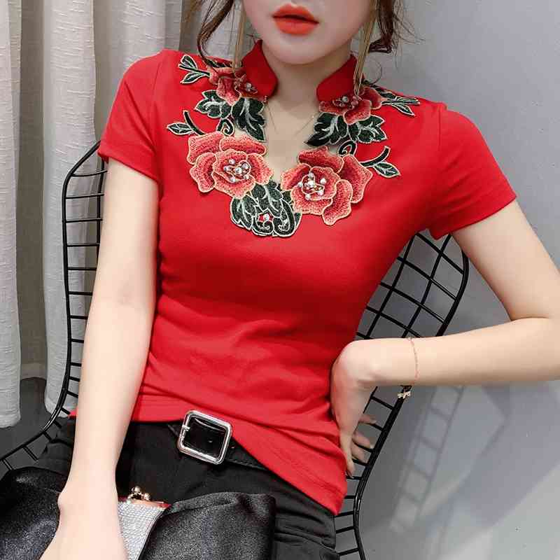 

Women's T-Shirt Summer Fashion Folk Clothes Sexy V-Neck Embroidery T-shirt Women Tops Ethnic Ropa Mujer Bottoming Shirt Tees T0200, Black tshirt