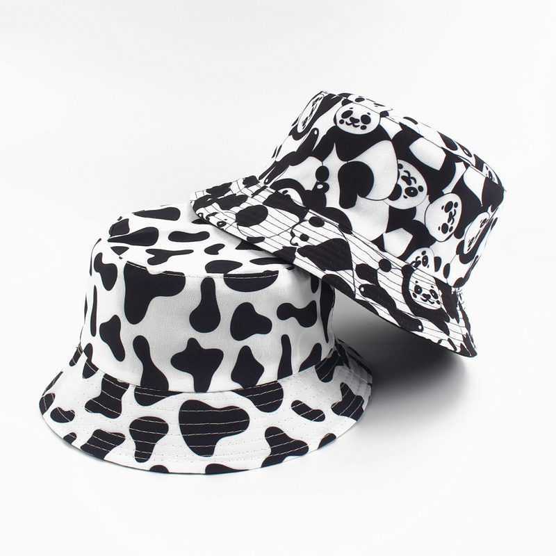 

Reversible Black White Cow Pattern Bucket Hats Fisherman Caps for Women Q0811, Panda