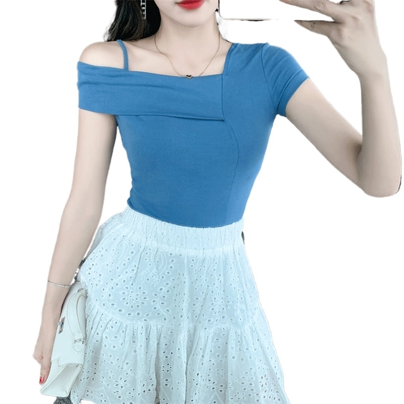 

women sexy tops Oblique collar short-sleeved design tight bottoming shirts for 210520, Blue haze