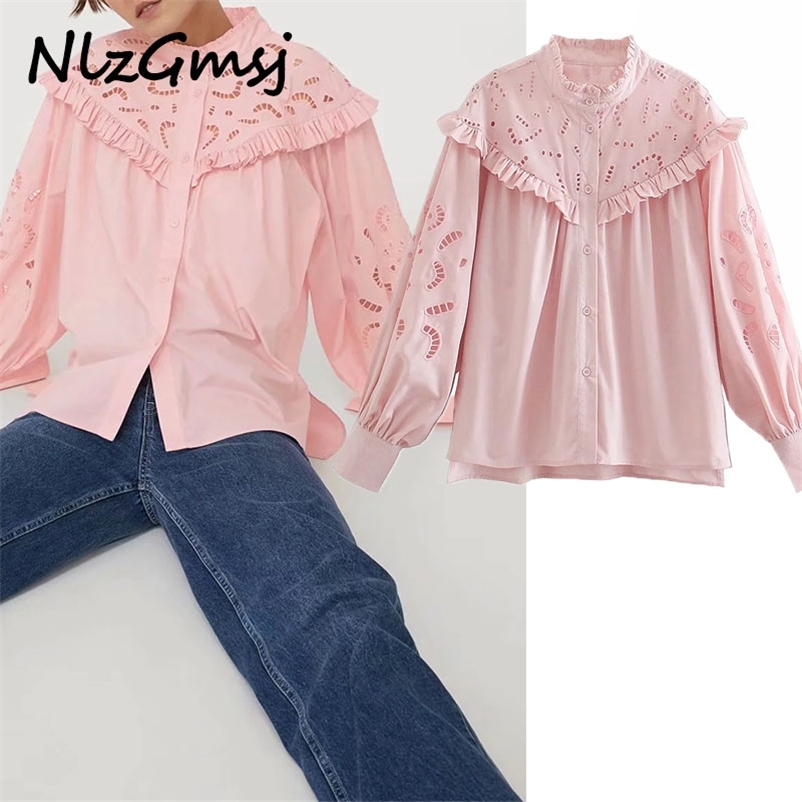 

Women Blouse Solid Embroidery Long Sleeve Shirt Lace Collar Female Loose Thin Top Single Breasted 03 210628, As picture