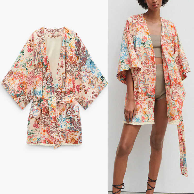 

Za Floral Print Summer Kimono Blouse Women Long Sleeve Partchwork Linen Blouses Chic Frayed Hem Woman Vintage Belted Top 210602, As picture
