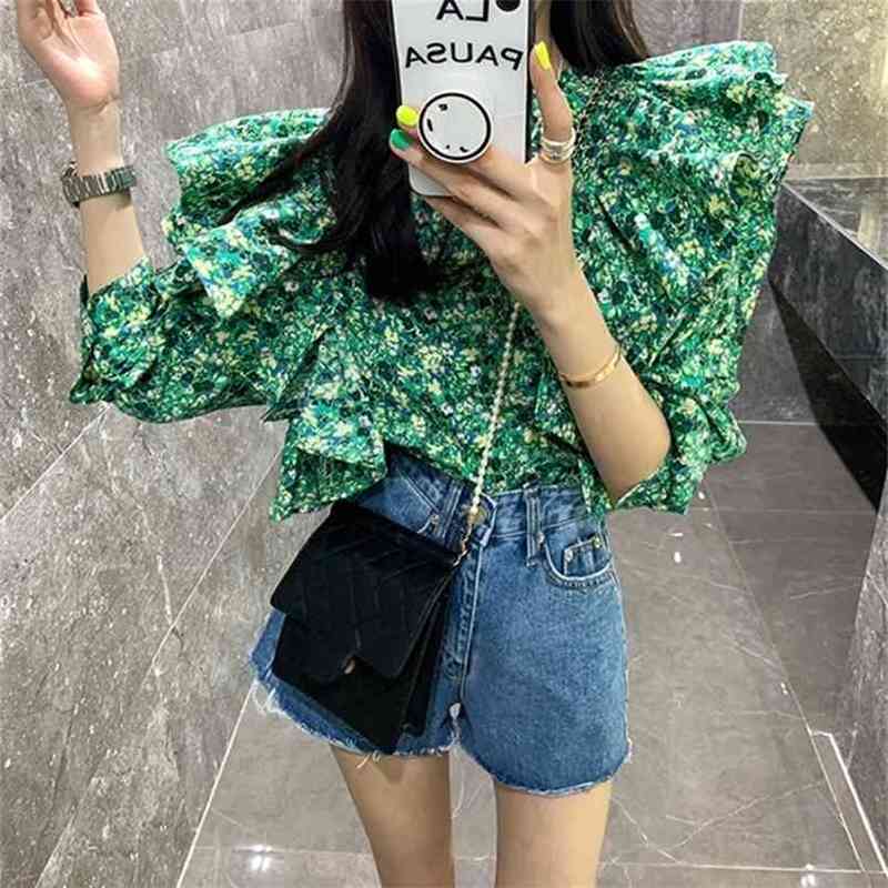 

Sweet Fashion Green Chiffon Shirt Tops Designer summer Women Ruffles Long Sleeve casual Blouses Fmeale 210519, Picture color