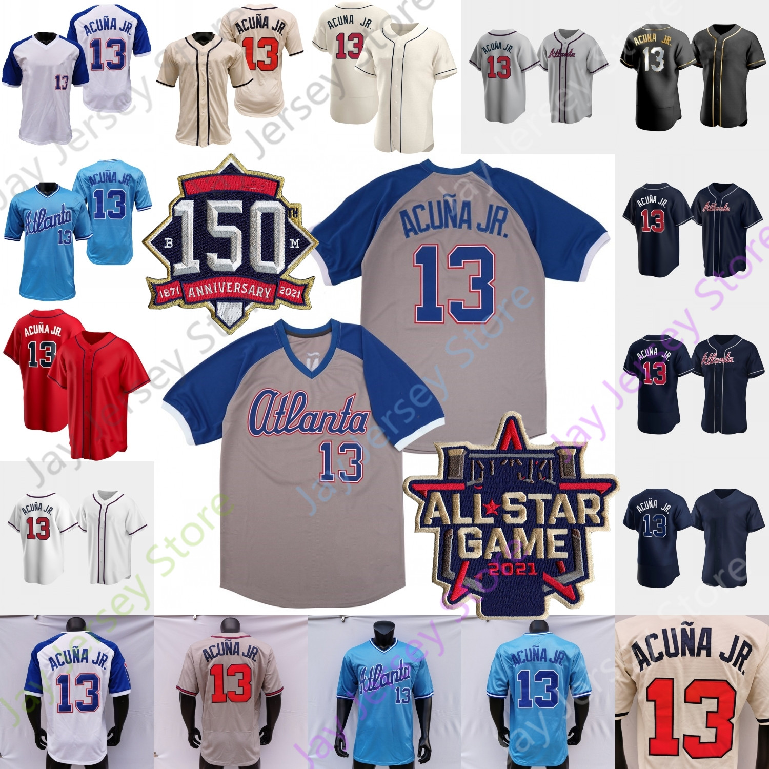 

Ronald Acuna Acuna Jr Jersey 2021 ASG 150th Patch Baby Blue Pullover Cream Grey Player White Women Size S-3XL, Cream player