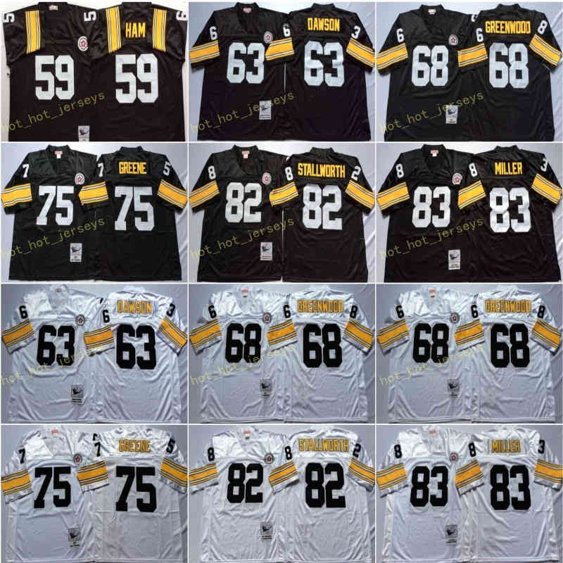 

Vintage Plttsburgh 59 Jack Ham steeIer 63 Dermontti Dawson 68 LC Greenwood 75 Joe Greene John Stallworth 83 Heath Miller Football Jersey, Black;red
