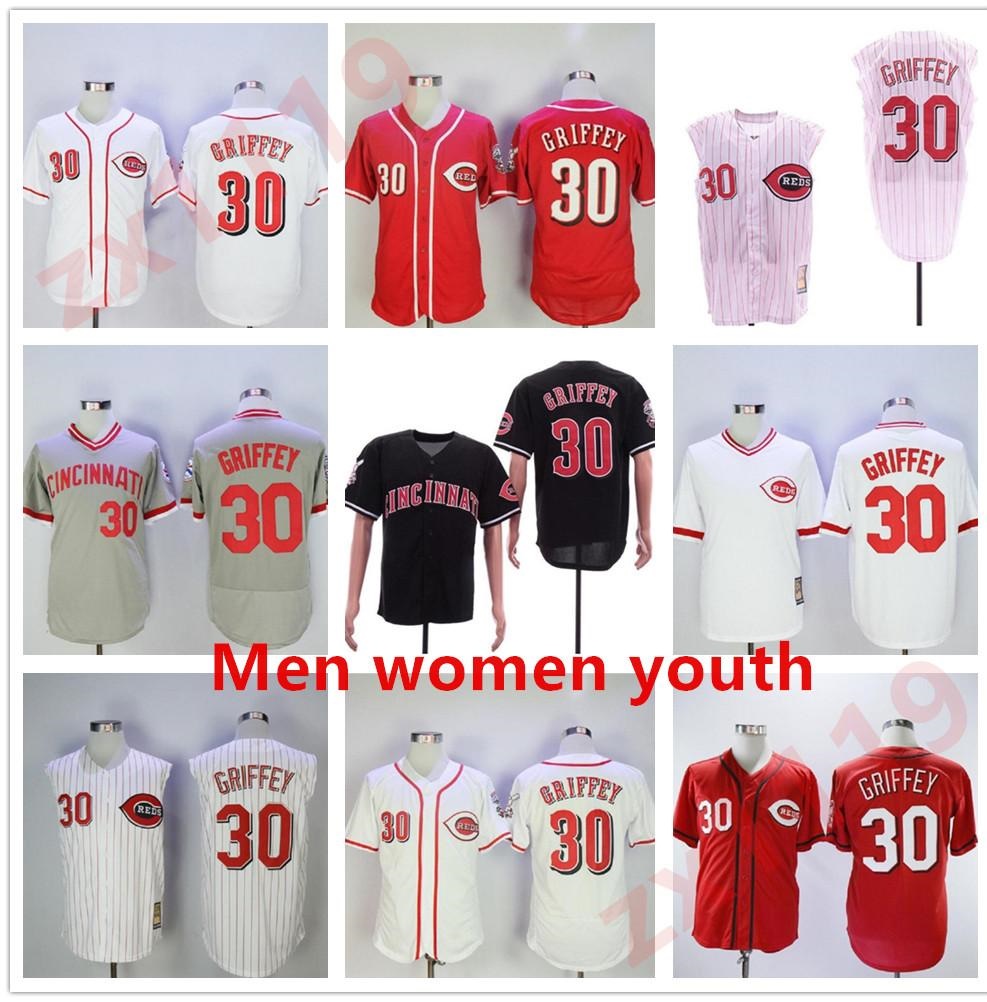 

Retro Women kids Vintage 30 Ken Griffey Jr Baseball Jersey Men Flexbase Pullover Pinstripe Team Red White Grey Black Stitched Retire 1976 2000 Top Quality, As pic