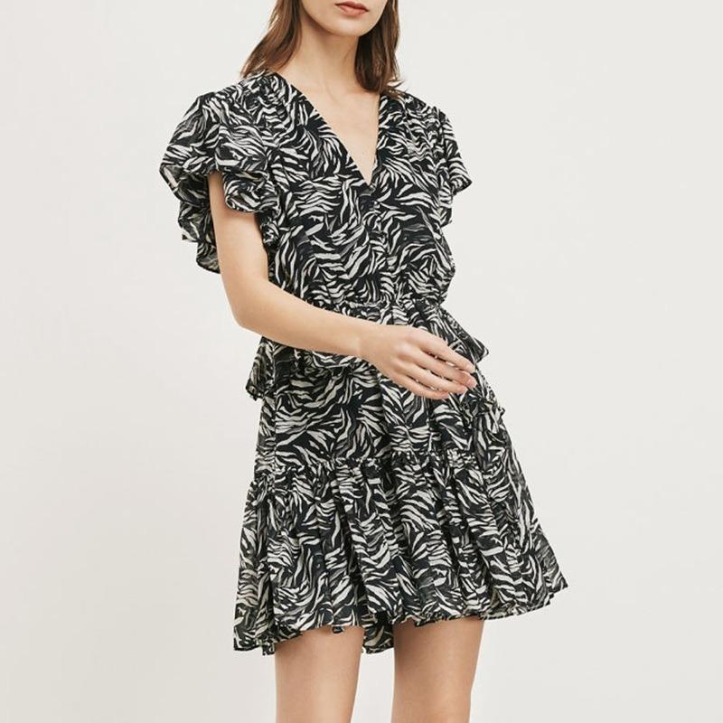 

Party Dresses 2021 Summer Style Retro V-neck Frilly Zebra Pattern Flying Sleeves Fashion All-match Dress Women, Mixed