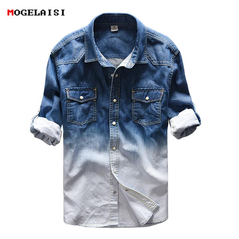 

Men's Casual Shirts Mens Jeans Blue To White Color Gradient Man Shirt Denim Safari Style Pockets Chemise Homme Camisa Masculina M-3XL 367
