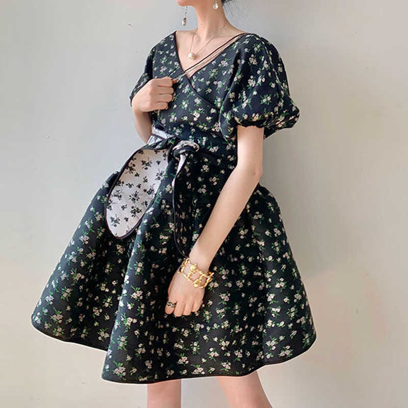 

Court Vintage Dres Mini Design Puff Sleeve Floral Summer Korean Slim Beach Clothes Elegant 210604, Floral dress