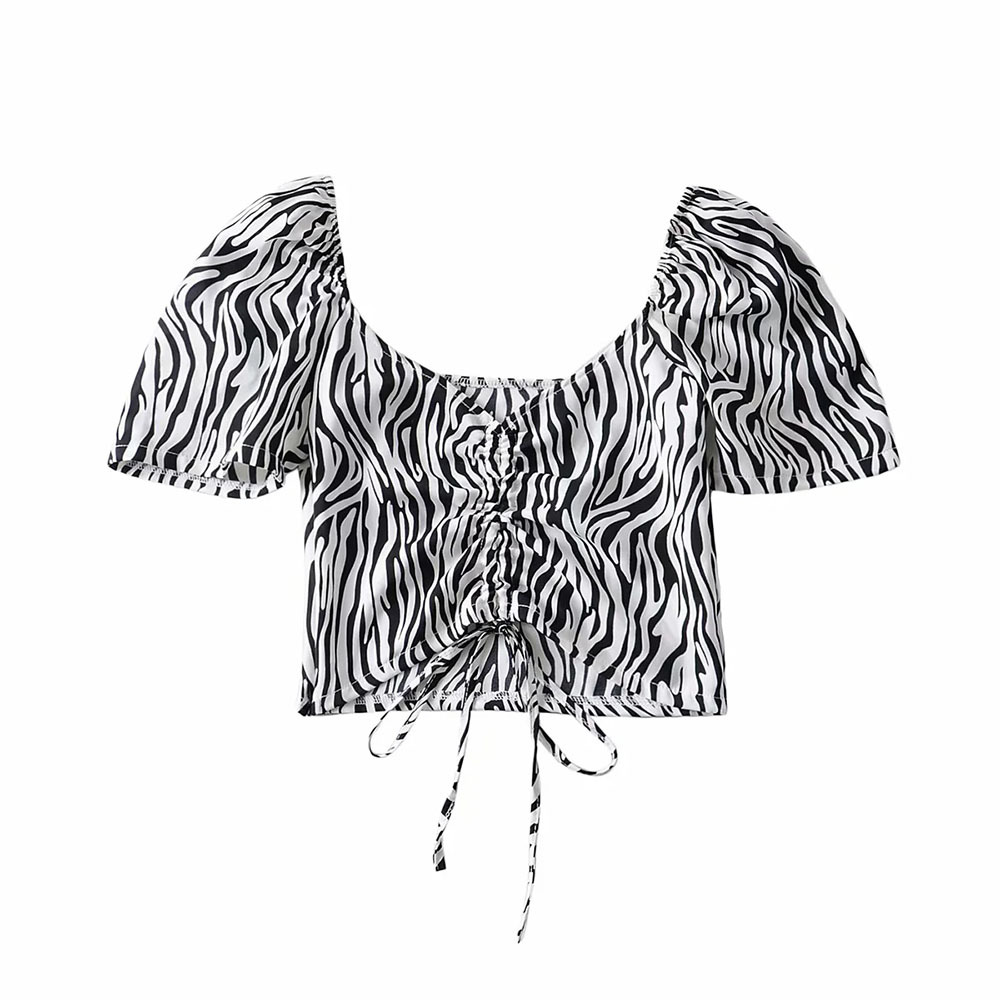 

Women Sexy Fashion Chest Drawstring Zebra Pattern Shirts Street Clothes Girls Short Sleeve Chic Tops 210520, Multi