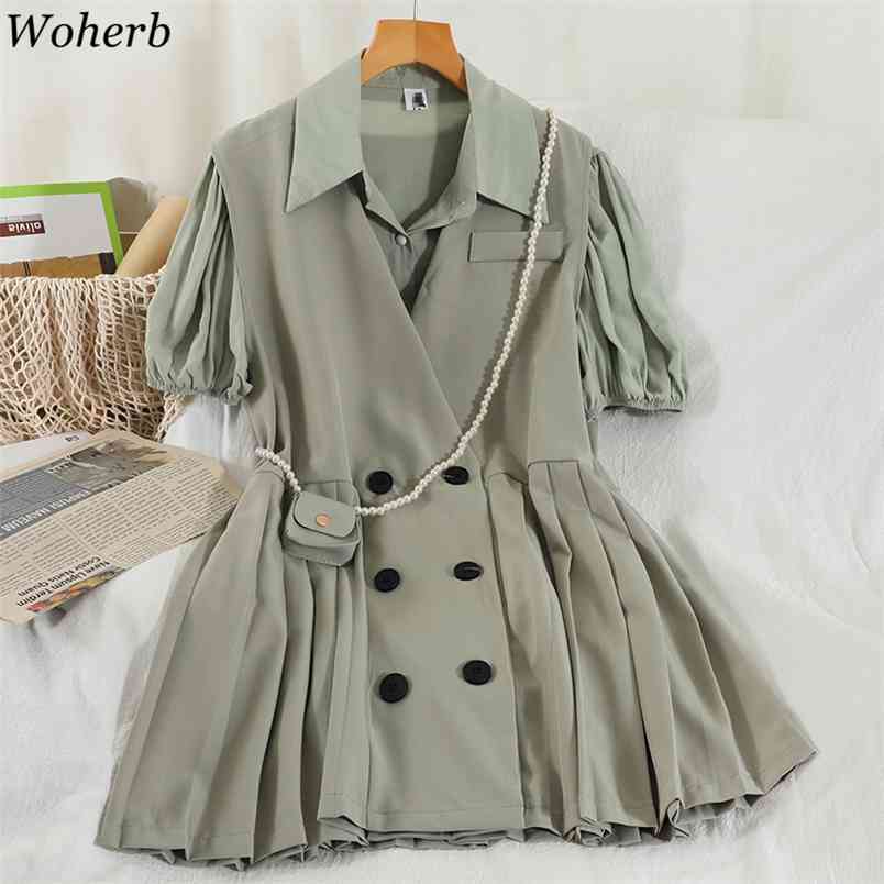 

Two Piece Sets Women Preppy Style Loose Blouses Double Breasted Pleated Mini Dresses Femme Roupas Female Fashion Suits 210519, Green