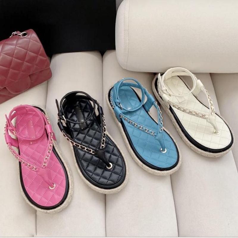 

Summer Metal Chain Sandals Ladies Rhombus Flip Flops Ankle Buckle Straw Thick Soled Casual Women's Flat Shoes, Black