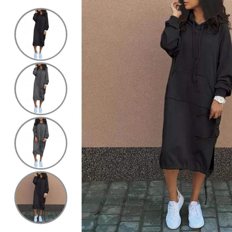 

Casual Dresses Women Long Sleeve Large Pocket Sweatshirt Hoodie Dress Hooded Drawstring For Daily Wear, Black