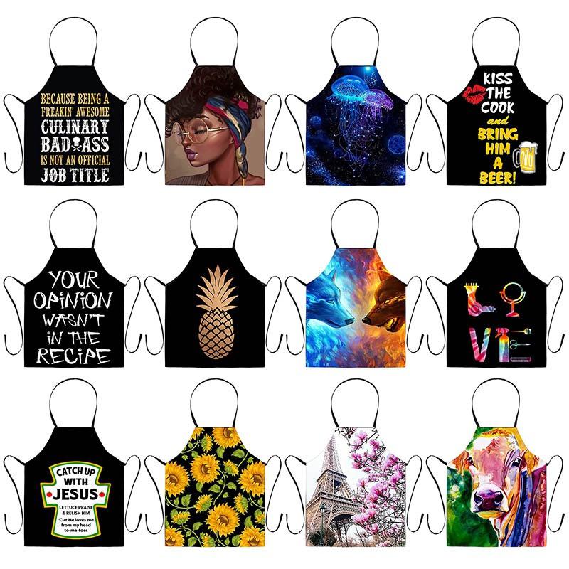 

Color Personality Printed Kitchen Aprons For Women Linen Home Cooking Baking Waist Bib Pinafore Cleaning Tools 68*55cm