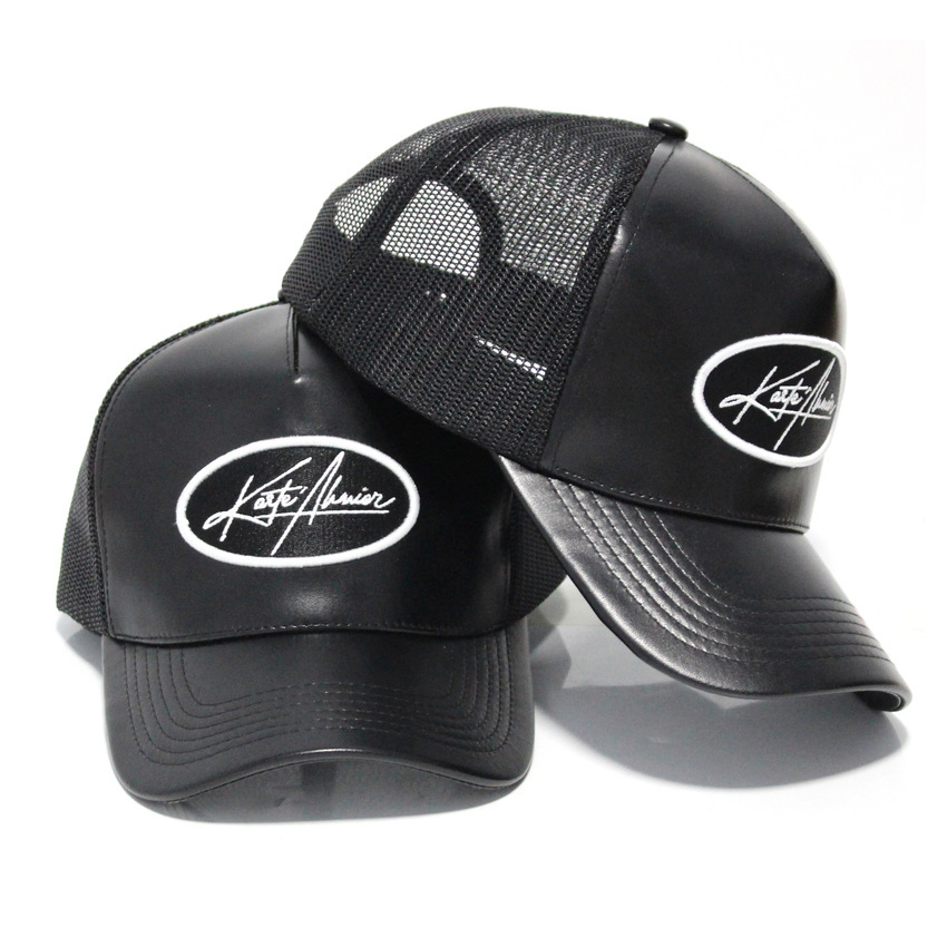 

New Trends black Custom 5 Panel Pu leather mh trucker caps hats wholale