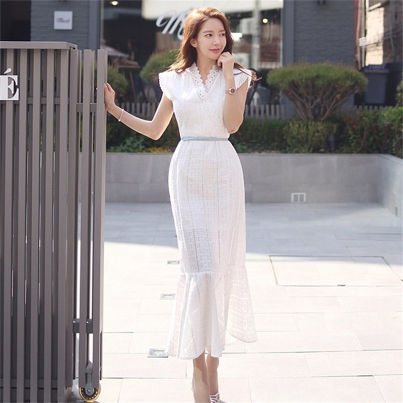 

Summer Ladies Sexy V-Neck Lace Patchwork Beach Dress Runway Women Ruffles Holiday Party Mermaid Dresses 210603, Picture color