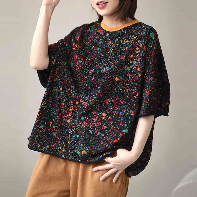 

Johnature Women O-Neck Short Sleeve T-shirts Polka Dot Summer Cotton Loose Korean Style Tees Female Casual Tshirts Tops 210521, Black