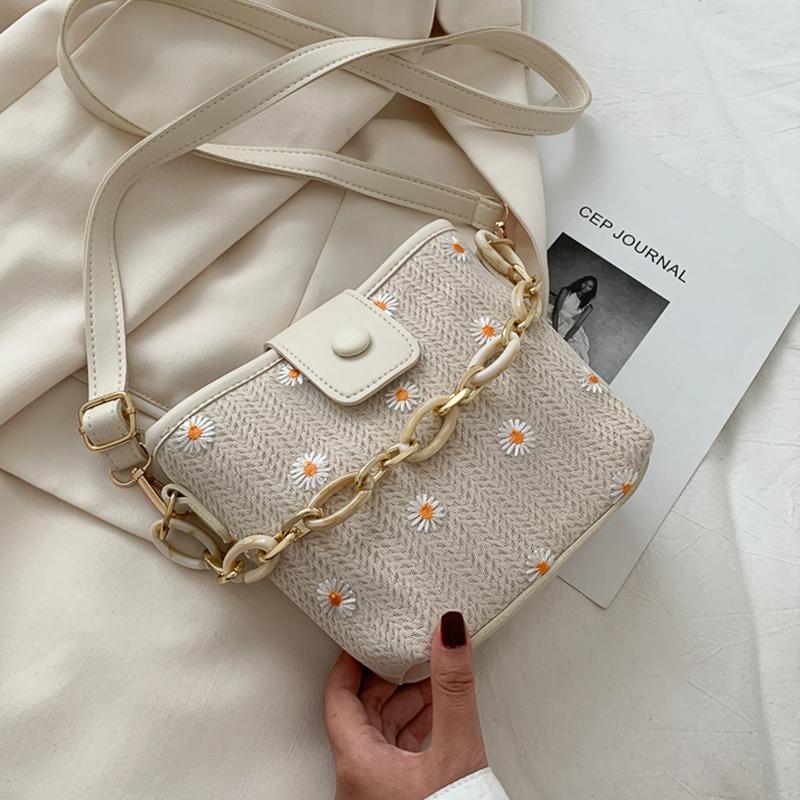 

Summer Woven Bucket Bag Chrysanthemum Straw 2021 Korean Version Of The Tide Shoulder Diagonal Sac Ã Main Cross Body