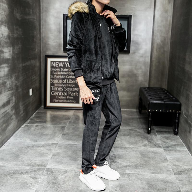 

Jogging Clothing Warm Winter Velvet Sport Suit Men Casual Fur Hooded Vest 3 Piece Set Pullover Sweatshirt Elastic Waist Pants Oversize 4XL, Black;red