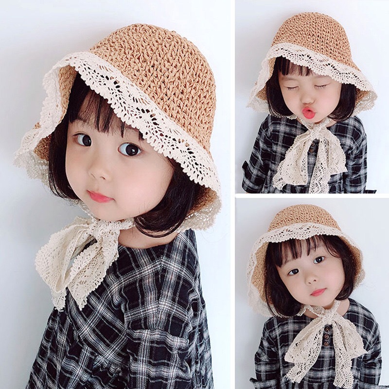 

Lace children's straw hat adjustable strap in summer 2021 Baby Beach Hat Baby Hat