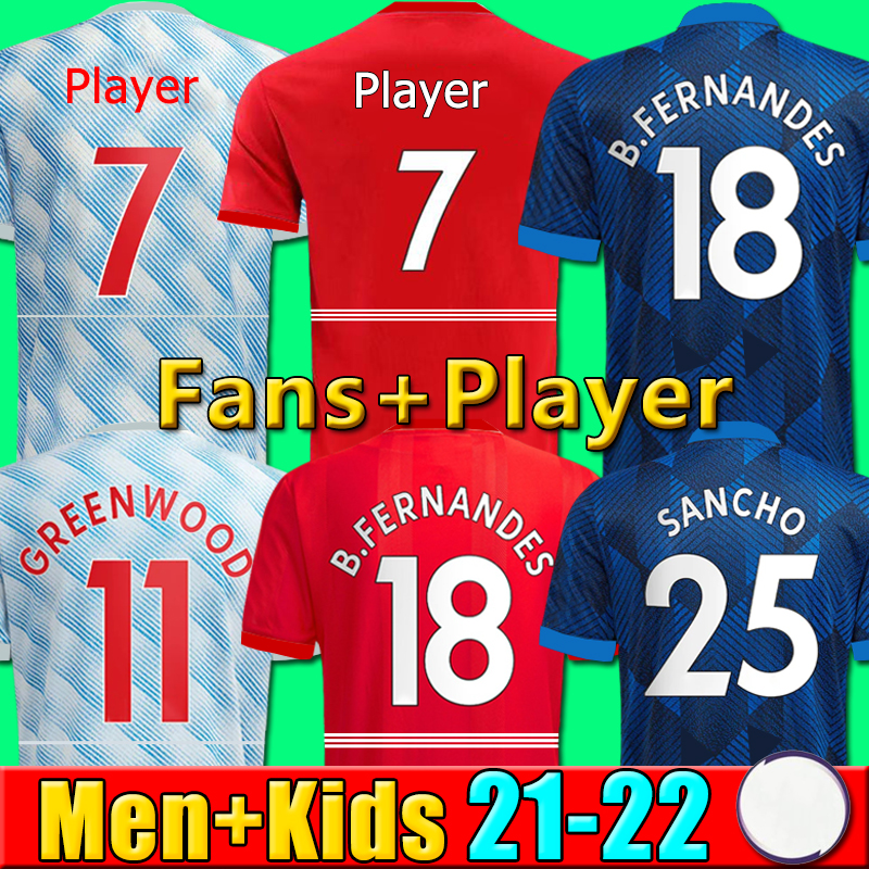 

22 23 SANCHO soccer jerseys PLAYER #7 Fans Player version BRUNO MANs FERNANDES LINGARD POGBA RASHFORD football shirt 2022 2023 men kids kit sets, P14 21 22 third kids