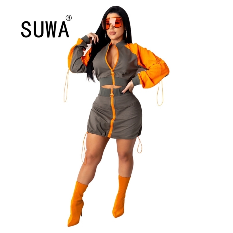 

Contrast Patchwork K-Pop Style Matching Sets Womens 2 Pieces Outfits Zip Long Sleeve Coats Jacket Mini Bodycon Dress With Skirts 210525, Khaki