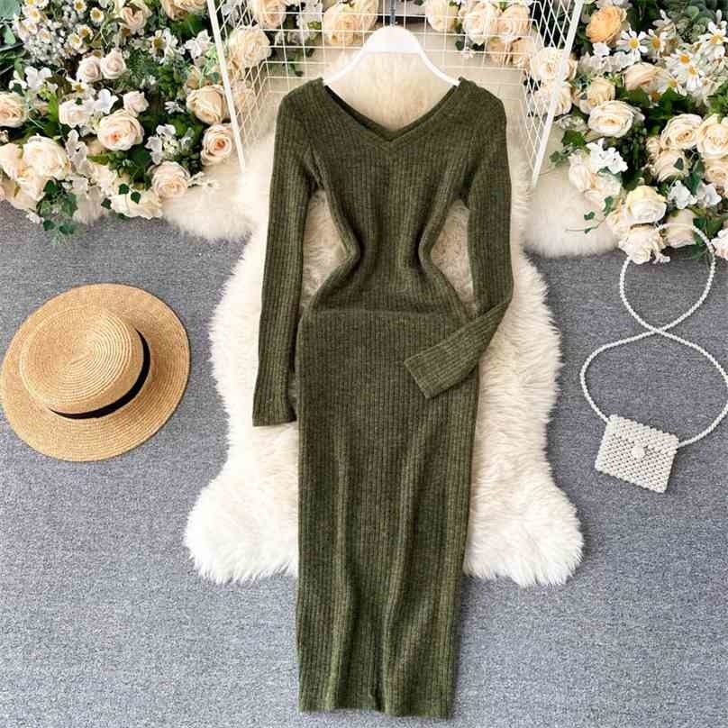 

Women Sexy Bodycon Dress Spring Autumn Slim V Neck Long Sleeve Office Sweater es Ladies Elegant Party Robe 210525, Black