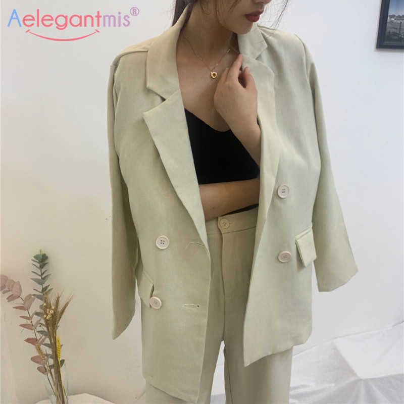 

Aelegantmis Vintage Spring Autumn Women Pant Suit Notched Blazer Jacket & Lady Office Wear Suits Female Sets 210607, Green