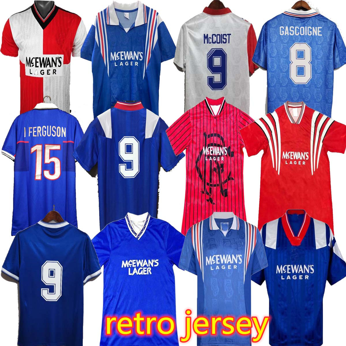 

Retro 87 90 92 94 96 97 99 2001 Glasgow Rangers soccer jerseys home vintage blue away white GASCOIGNE LAUDRUP MCCOIST football Shirts Uniforms, Black;yellow