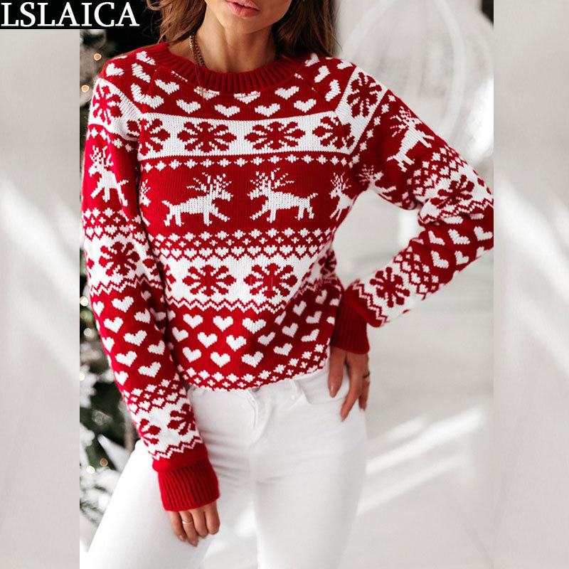 

Sweater Women Long Sleeve O Neck Winter Clothes Casual Christmas Print Pullover Mujer Knitted Streetwear 210520, Red
